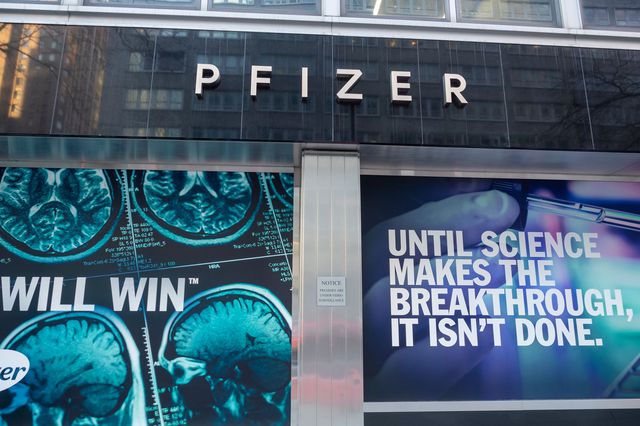 Exterior of the Pfizer World headquarters building.